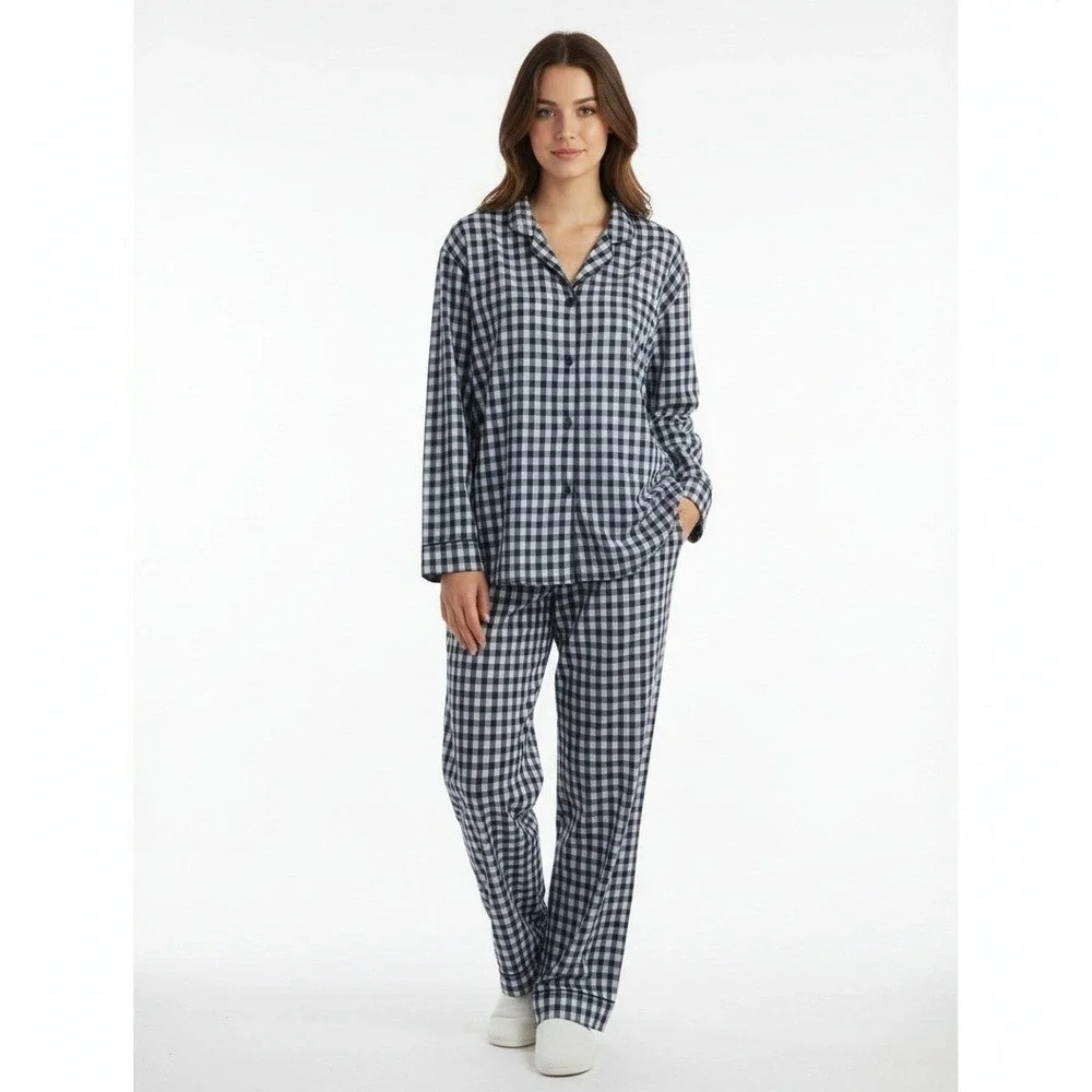 Hanes Pajama Set‎ Mens 2XL Blue Black Check Button Front Sleepwear Lounge Casual